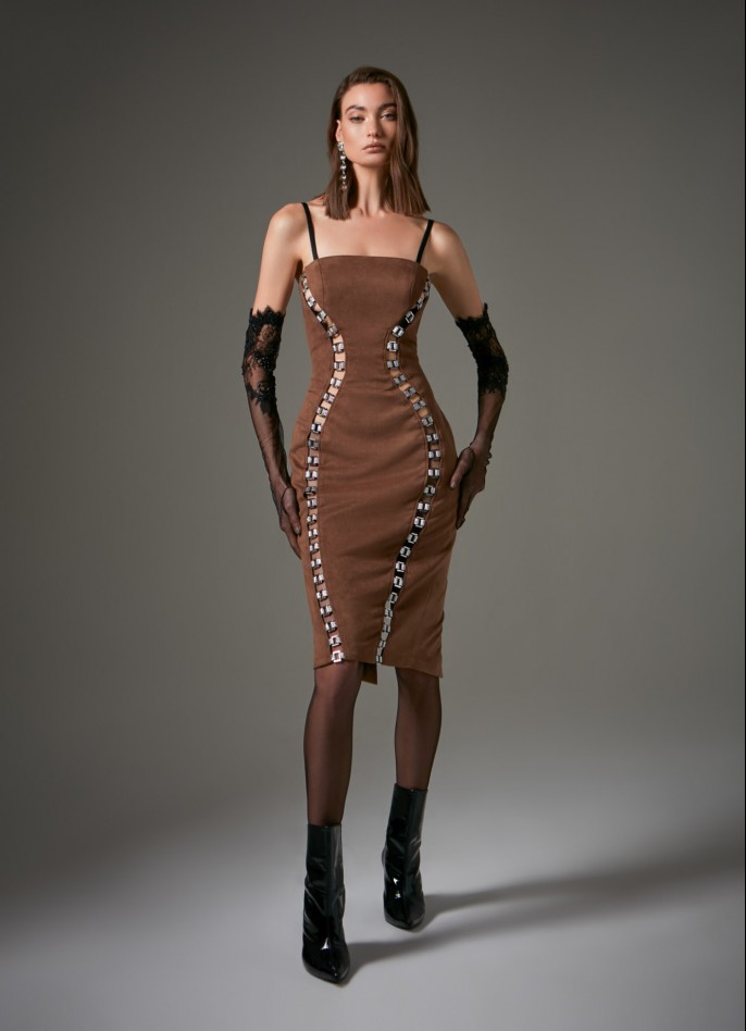 BROWN SUEDE-EFFECT CUT-OUT DRESS